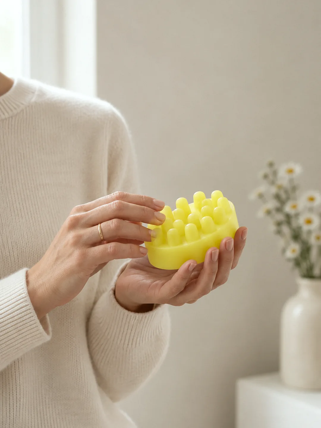 Sarı Chamomile masaj sabunu, krem triko giymiş bir kadının iki elinde; arkada papatyalar