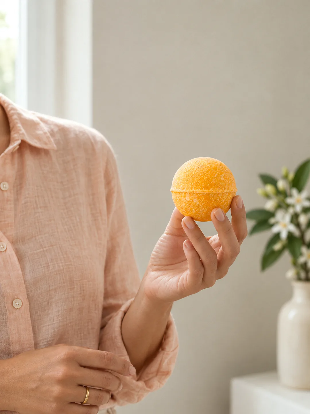 Turuncu Citrus bath bomb, kayısı rengi keten gömlekli bir kadının elinde; yanında portakal çiçekleri