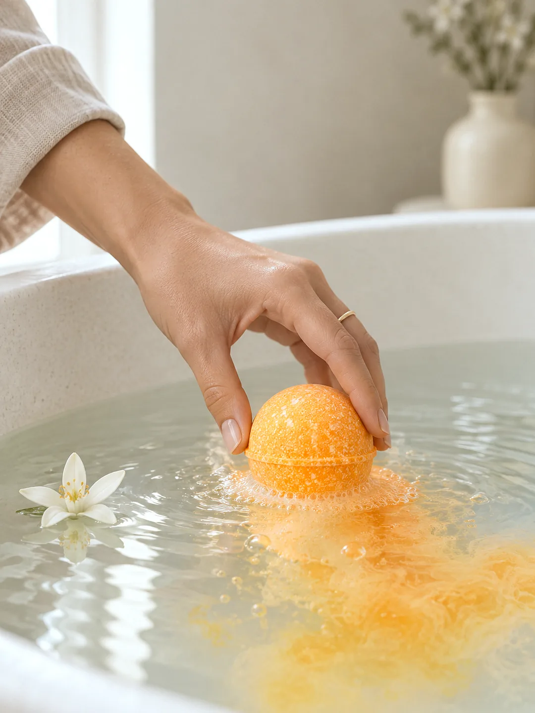 Citrus bath bomb küvetteki suya değiyor; turuncu bir bulut ve suda yüzen portakal çiçeği