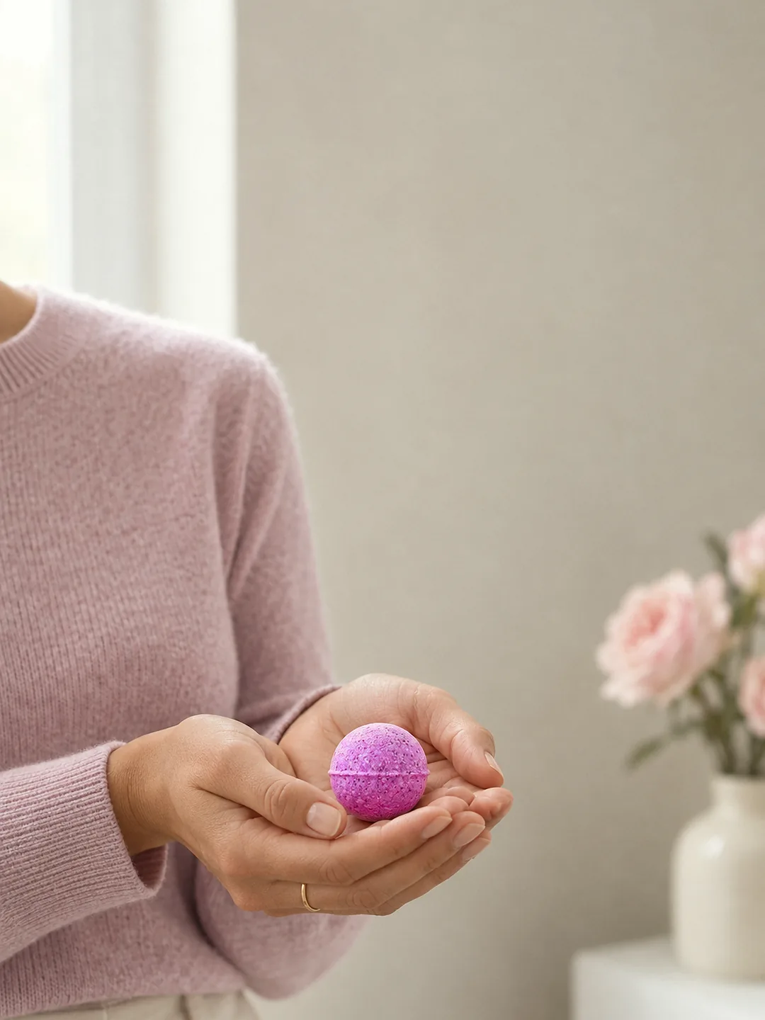 Pembe Floral manikür ve pedikür topu birleşik avuçlarda; arkada pembe güller