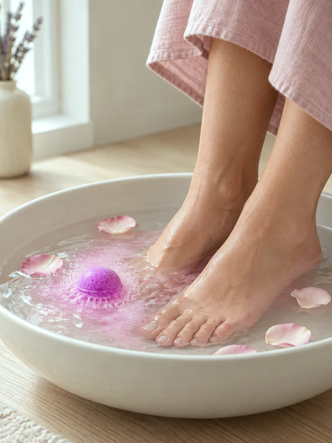 Floral manikür ve pedikür topu, gül yapraklı ayak kâsesinde köpürüyor