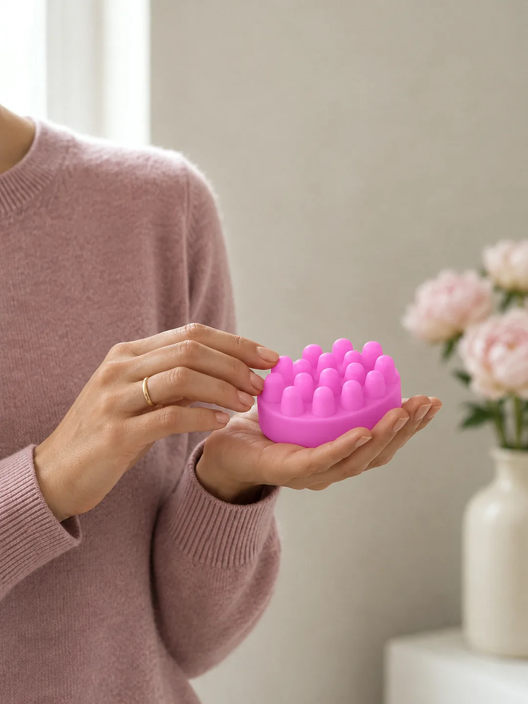 Pembe Floral masaj sabunu avuçta, parmak uçları masaj çıkıntılarına dokunuyor; arkada şakayıklar
