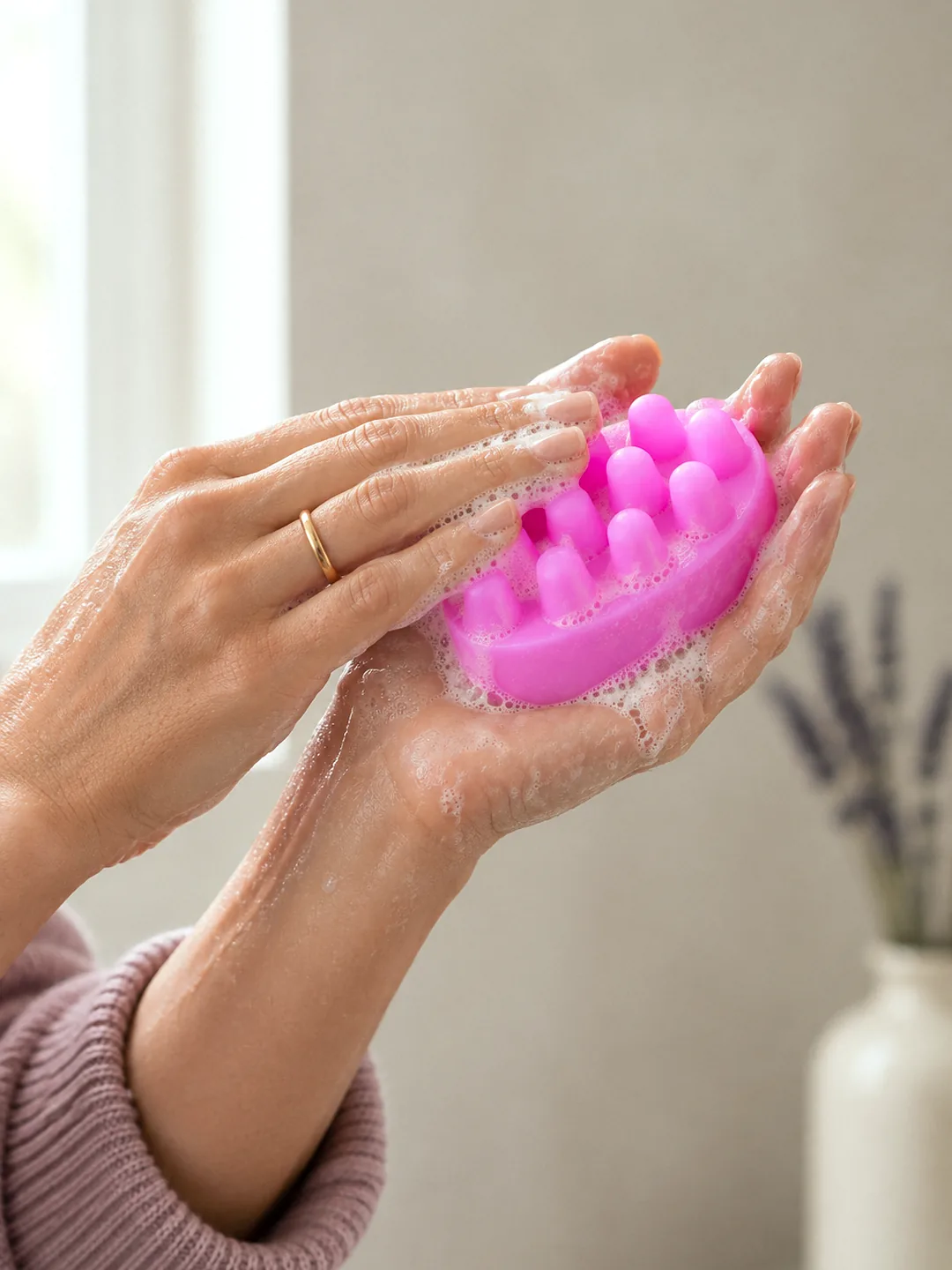 Floral masaj sabunu ıslak avuçlar arasında pembe tonlu bir köpük yapıyor