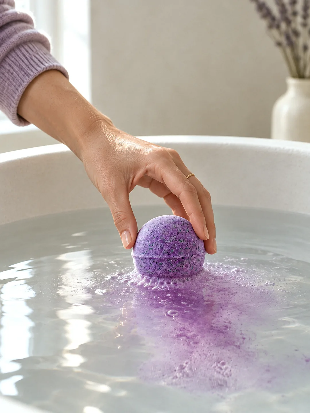 Lavender bath bomb küvetteki suya bırakılıyor, suyun içinde mor bir köpük bulutu açılıyor