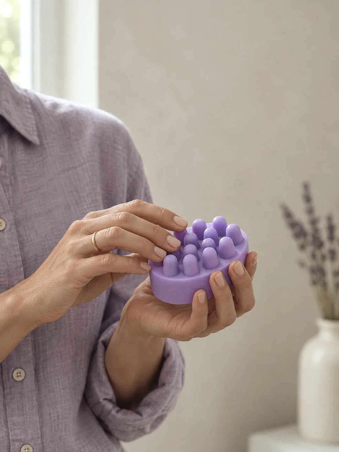 Lila renkli Lavender masaj sabunu iki elde; yuvarlak masaj çıkıntıları görünüyor