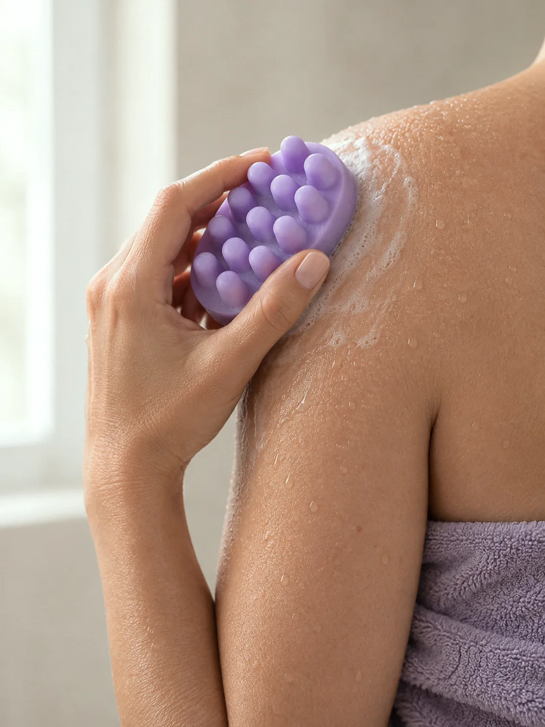 Lavender masaj sabunuyla ıslak omuza dairesel masaj, cilt üzerinde ince beyaz köpük