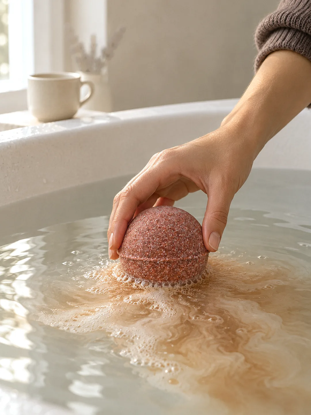 Mocha bath bomb küvetteki suda sütlü kahve rengi bir bulut bırakıyor